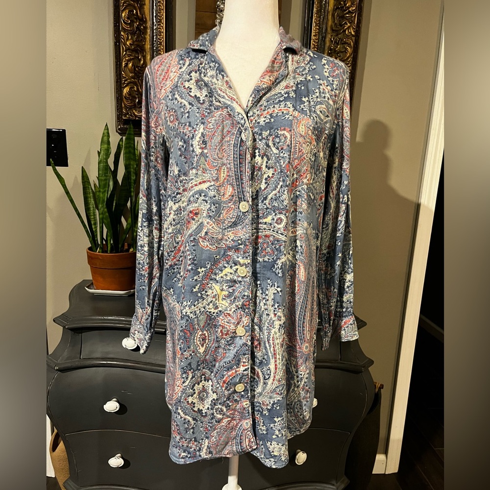 Ralph Lauren Button Down Paisley Sleep Shirt with Embroidered Logo on Po…
